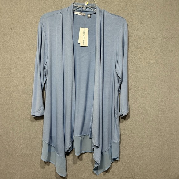 Notations Womens Blue Open Front Long Cardigan Sheer Trim Size Medium Classic - Picture 1 of 6
